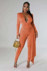 Deep V neck Jumpsuit - S, Light Orange image