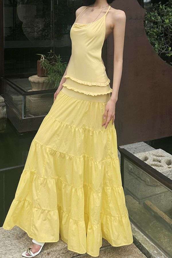Tiered Maxi Dress with Ruffle Details - M, Yellow image