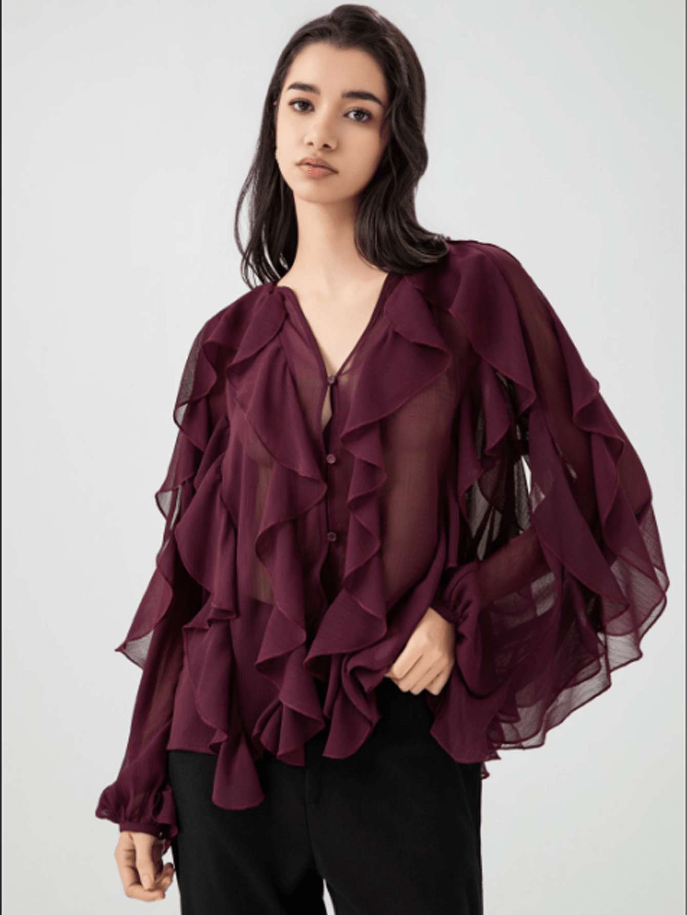 Elegant Ruffled Sheer Blouse - L, Maroon image
