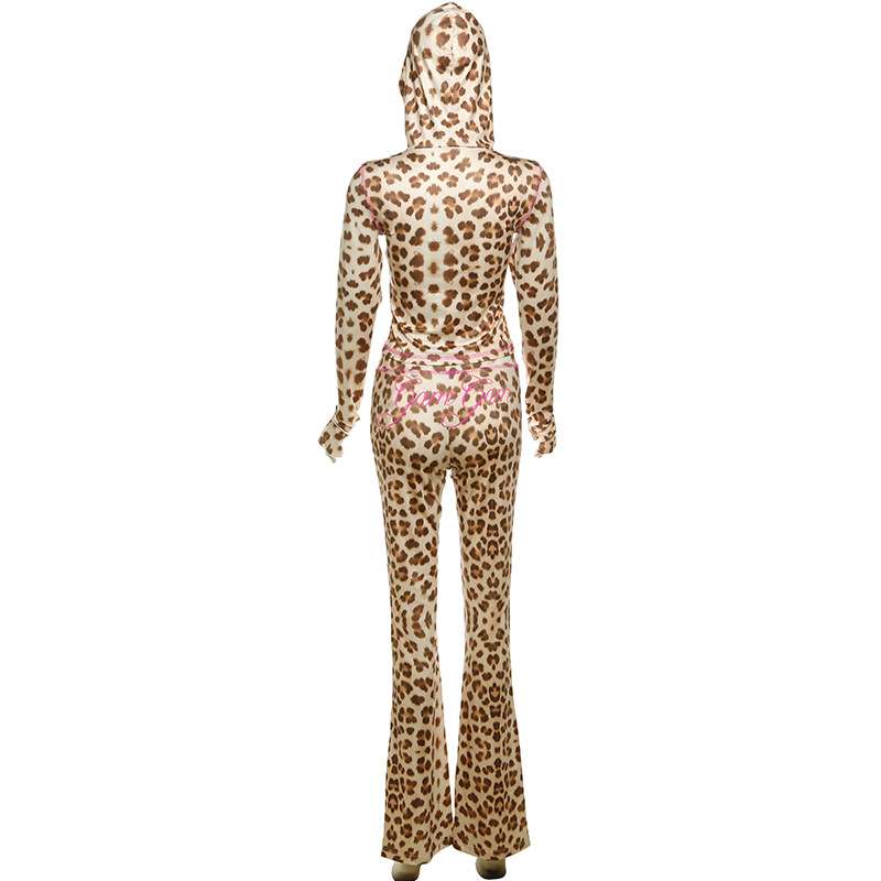 Leopard Print Hooded Crop Tops Pants Set image 5