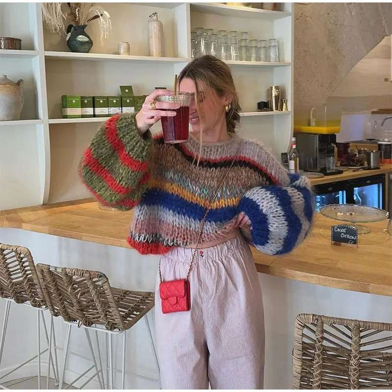 Colorful Striped Sweaters for Women - M, Multi Blue image