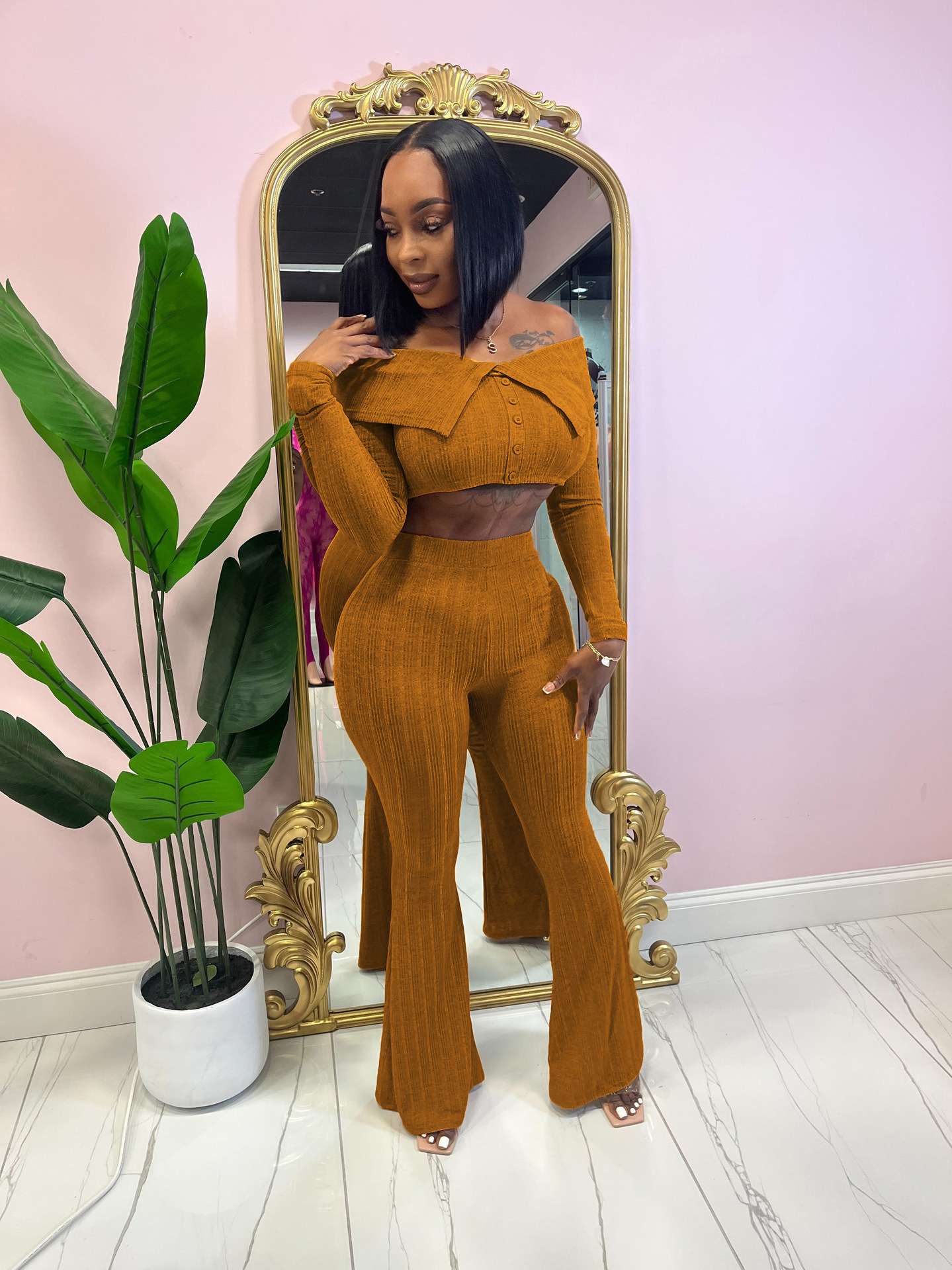 long sleeve ribbed shirt flared pants image 3