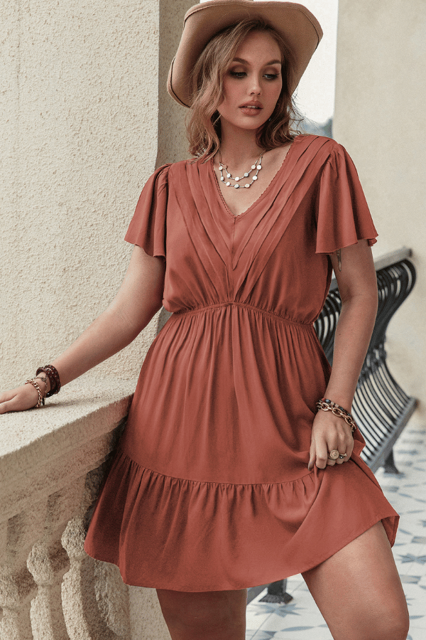 Plus Size Fold Detail Flutter Sleeve Ruffle Hem Dress image 0