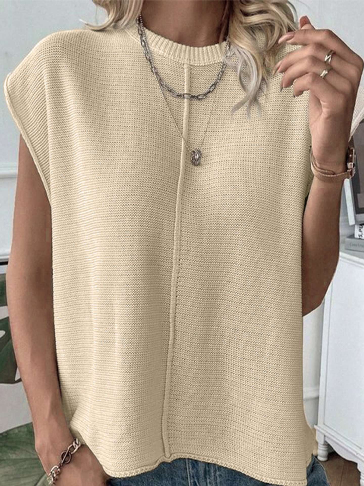 Knit Vest Sweater Crew Neck Loose Fit Cap Sleeve Loose Top image 1