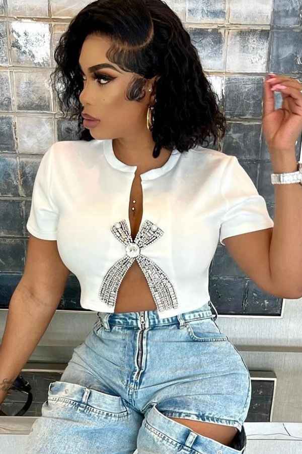 Split Cut Front Rhinestone Decor Short Sleeve Crop Top image 0