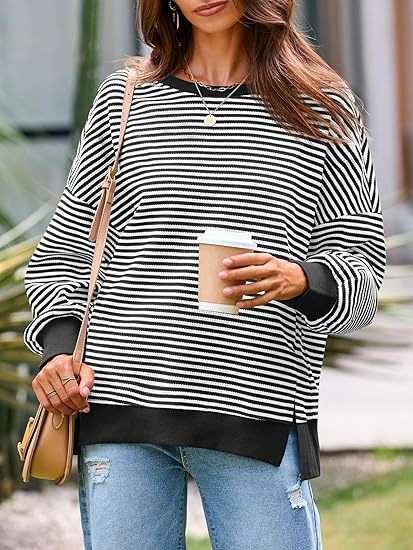 Casual Striped Oversized Sweatshirt - M, Black image