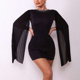 Backless Pearl Detail Pleated Split Sleeve Dress - M, Black image