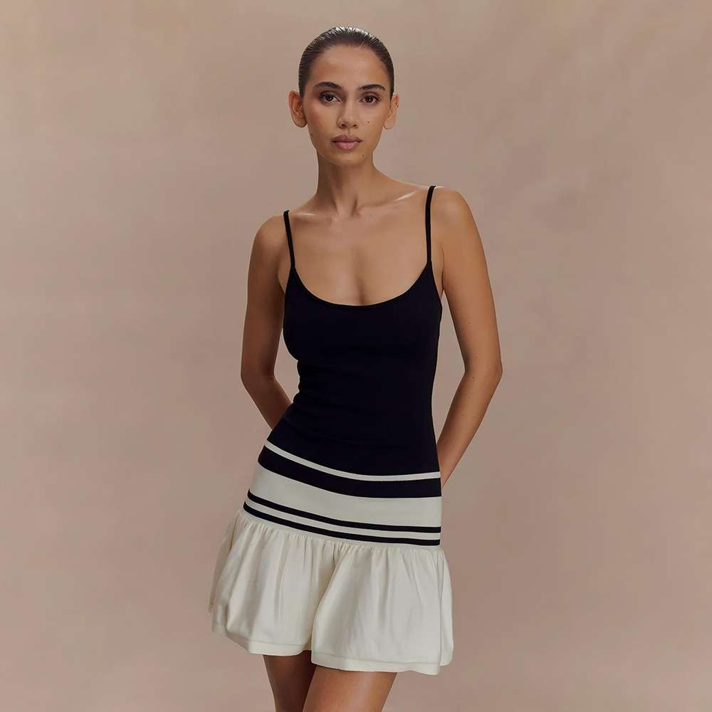 Striped Hem Dress with Ruffled Skirt - L, Black image