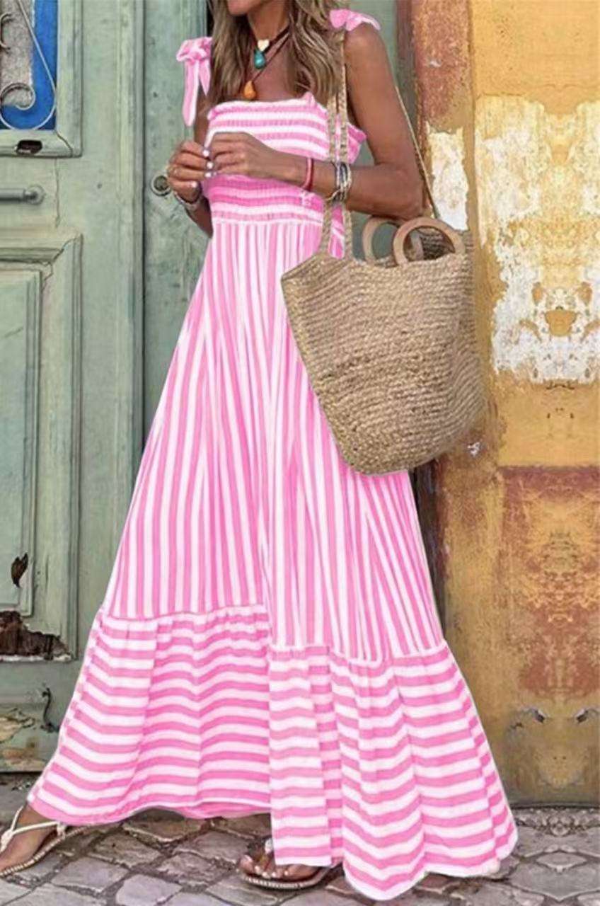 Striped Tie-Shoulder Maxi Dress - L, Pink image