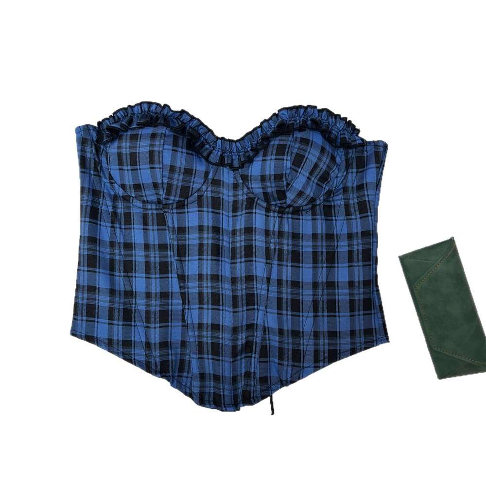 Plaid Strapless Ruffle Trim Corset Top image 3