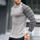 Round Neck Sweater With Patterned Sleeves - L, Light Grey image