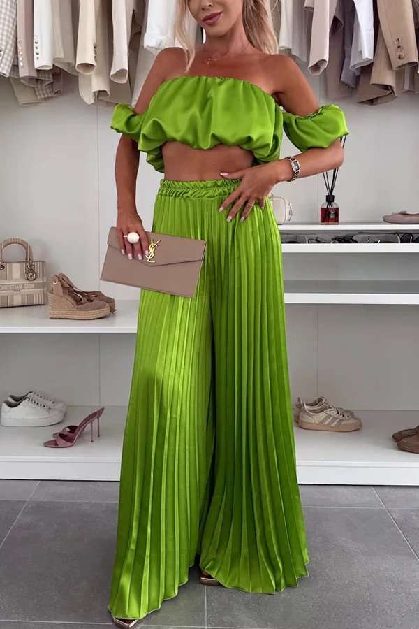 Off-Shoulder Pleated Two-Piece Set - S, Green image
