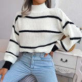 Striped Knit Pullover Sweater - M, White image