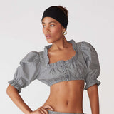 Stylish Gingham Cropped Puff Sleeve Top - L, Grey image