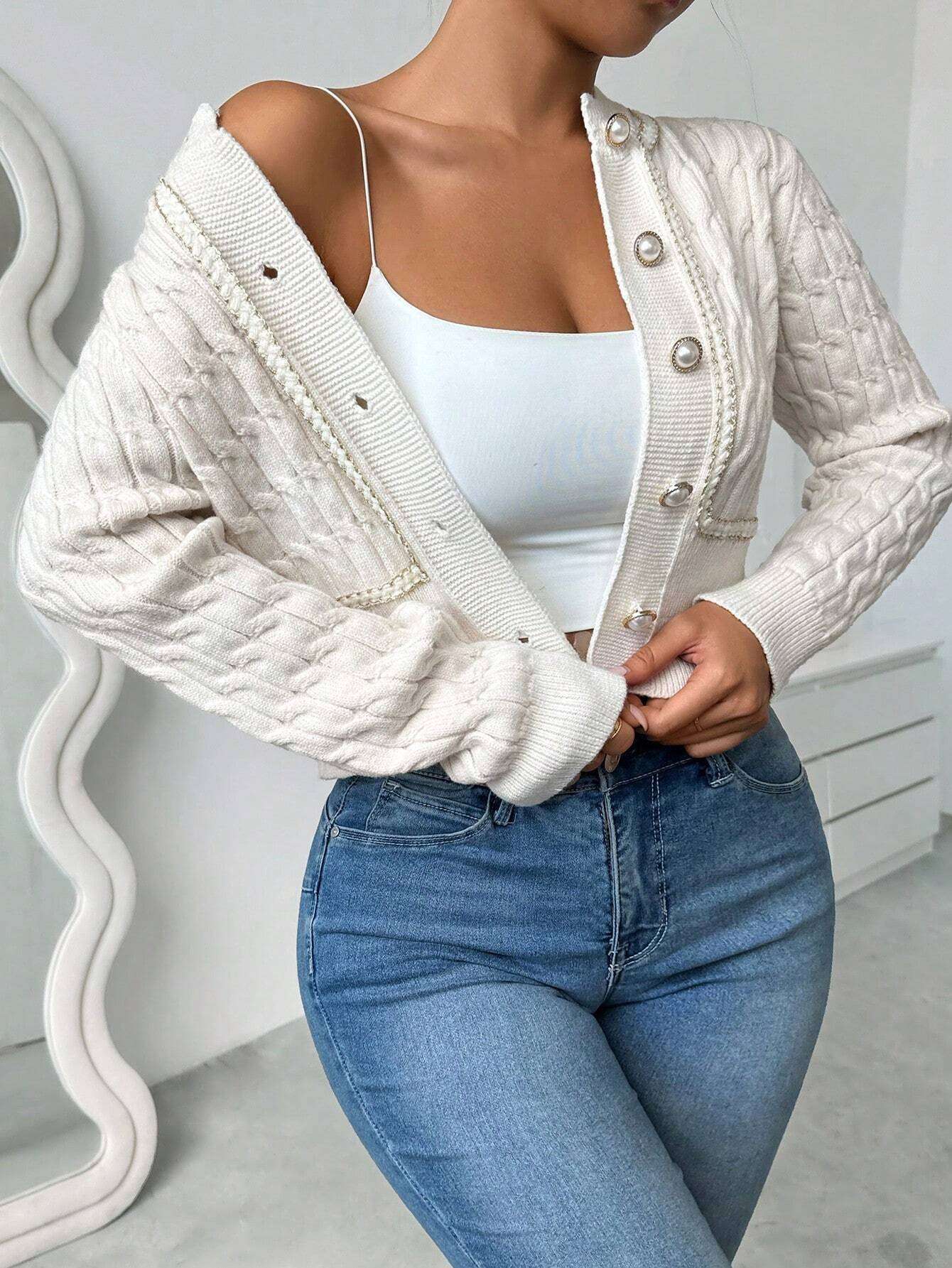 Cable Knit Cropped Cardigan Sweater image 4