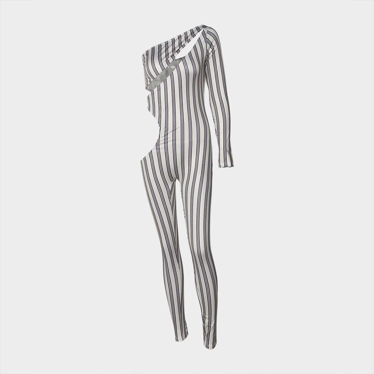 Asymmetrical Cutout Striped One-Sleeve Jumpsuit image 2