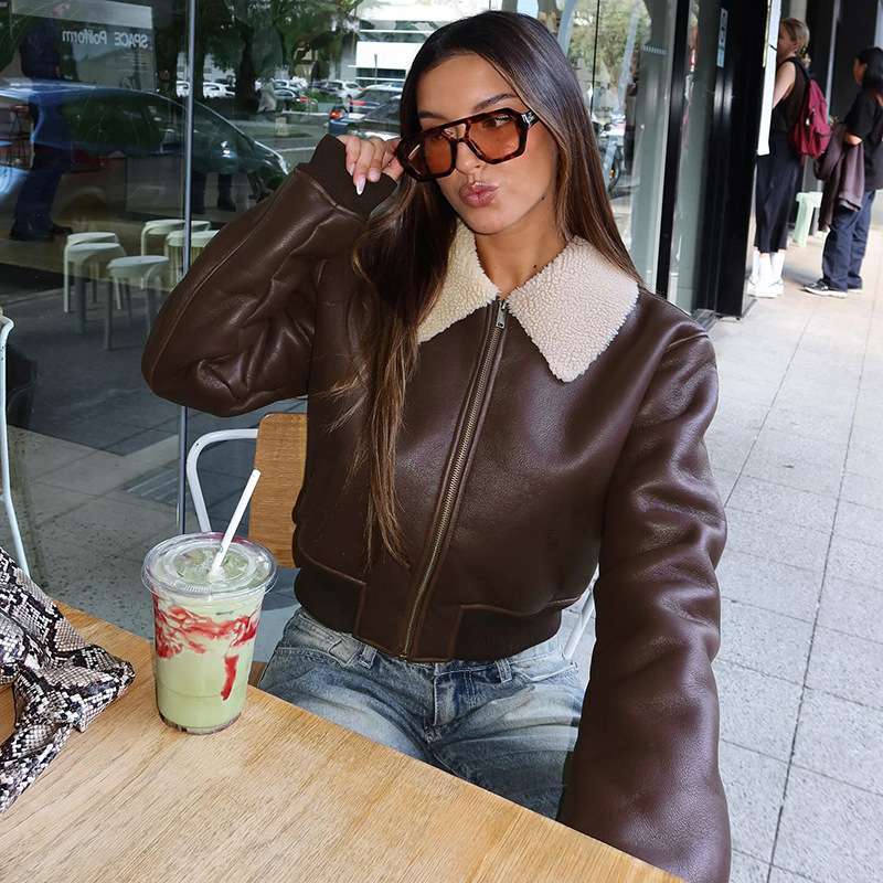 Fur Trim Collar Zipper Bomber Jacket image 1