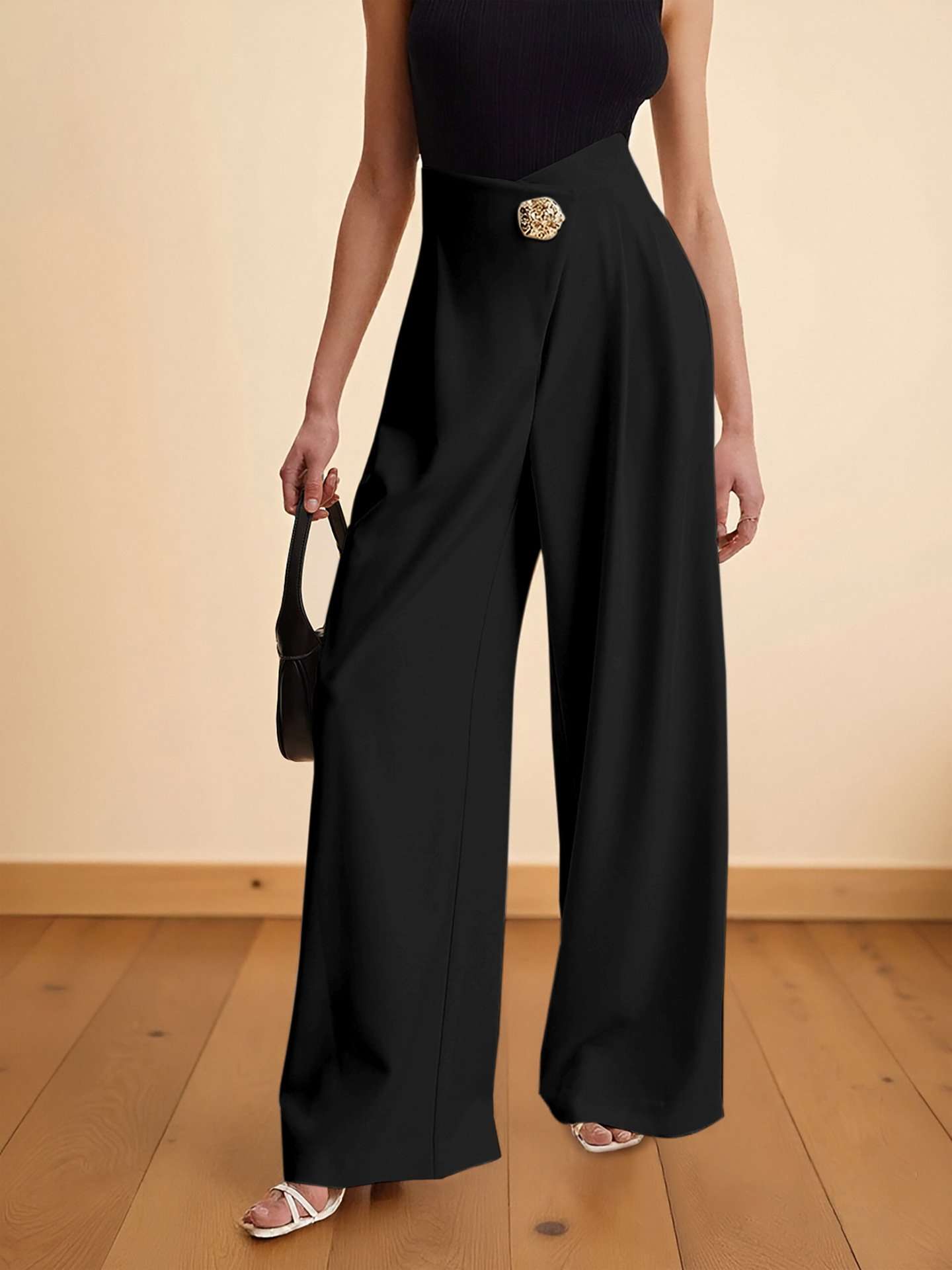 Wide-Leg Pants with Embellished Waist - L, Black image