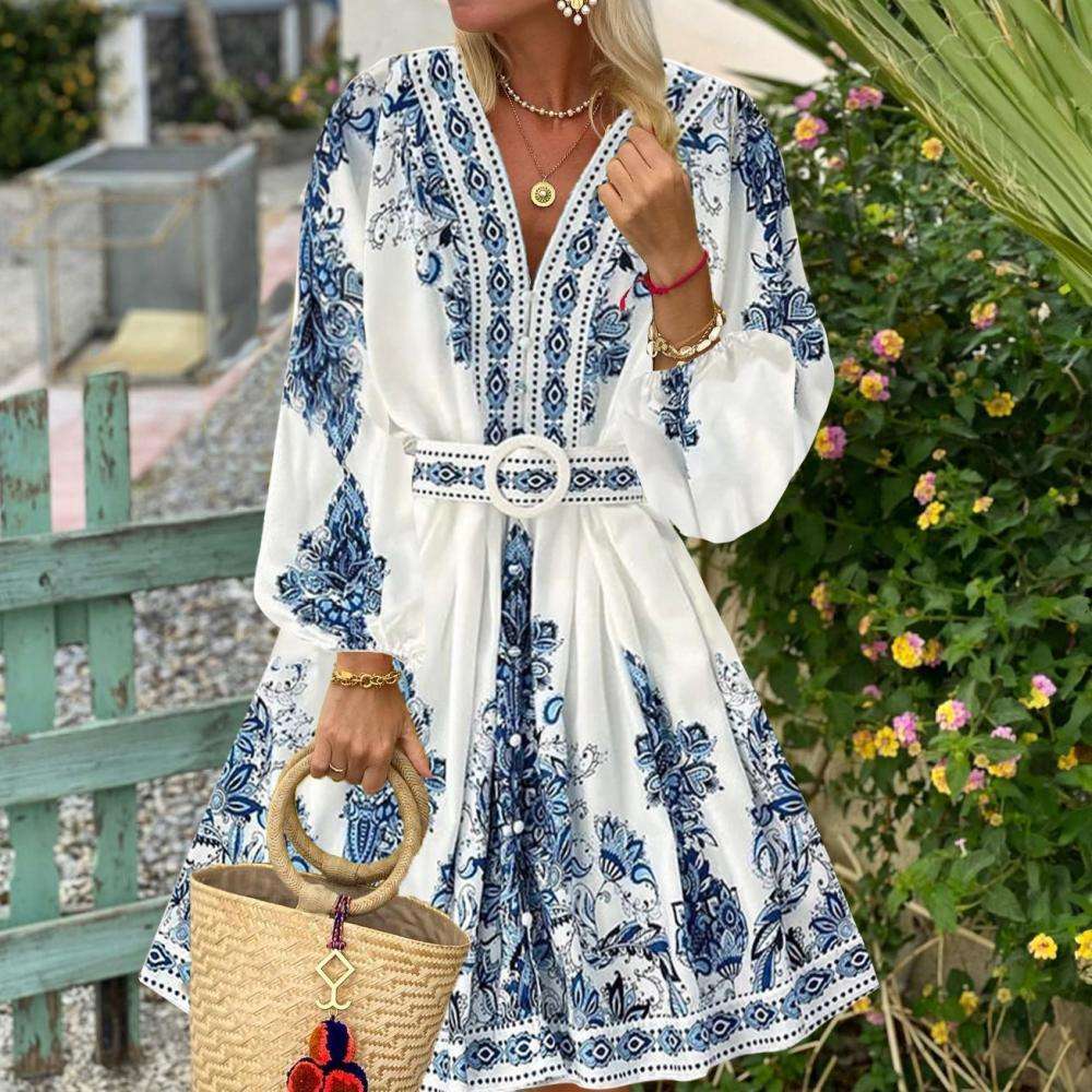 Boho Chic Blue and White Print Belted Dress image 2