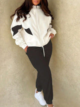 Stylish Color Block Zip-Up Track Suit - S, White image