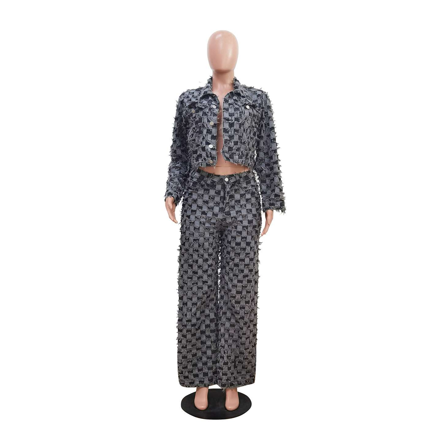 Textured Two-Piece Suit with Cropped Jacket & Wide-Leg Pants image 3