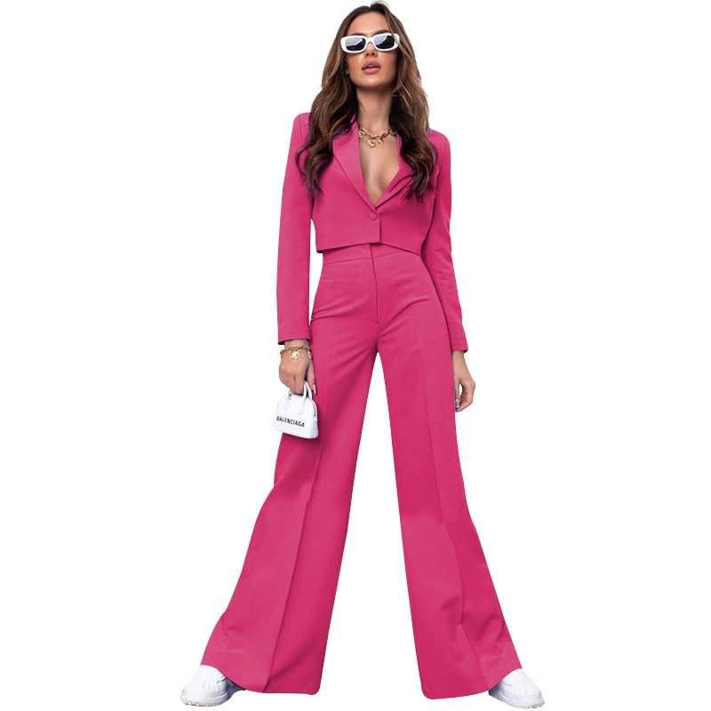 Lapel Collar Cro Tops Wide Leg Pant Blazer Sets - L, Rose image