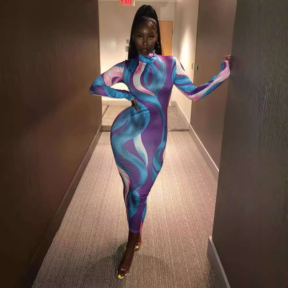 Abstract Print Slim Fit  Dress - L, Purple image