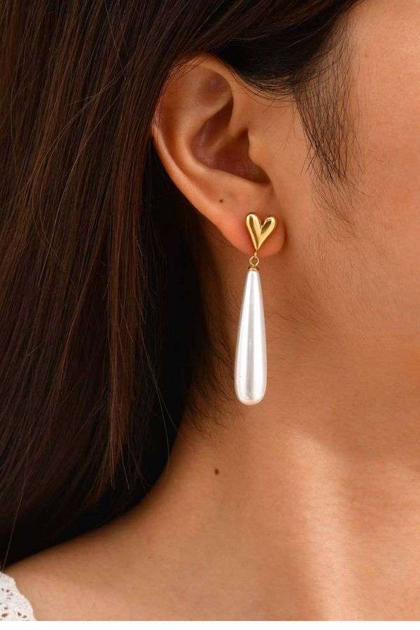 Elegant Gold Heart and Pearl Drop Earrings - Free Size, White image
