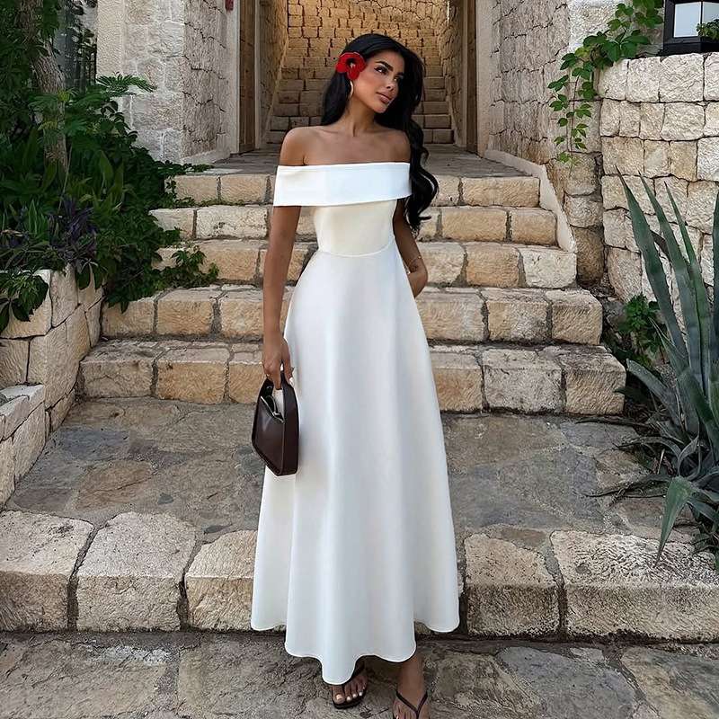 Off-Shoulder White A-Line Maxi Dress - L, White image