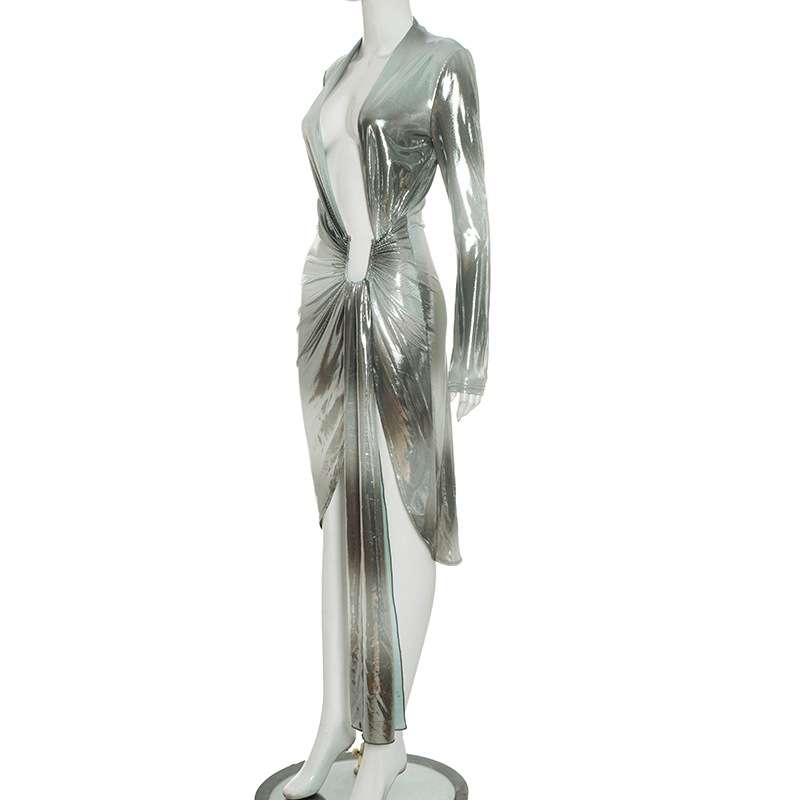 Metallic Evening Dress with Deep Plunge and High Slit image 5