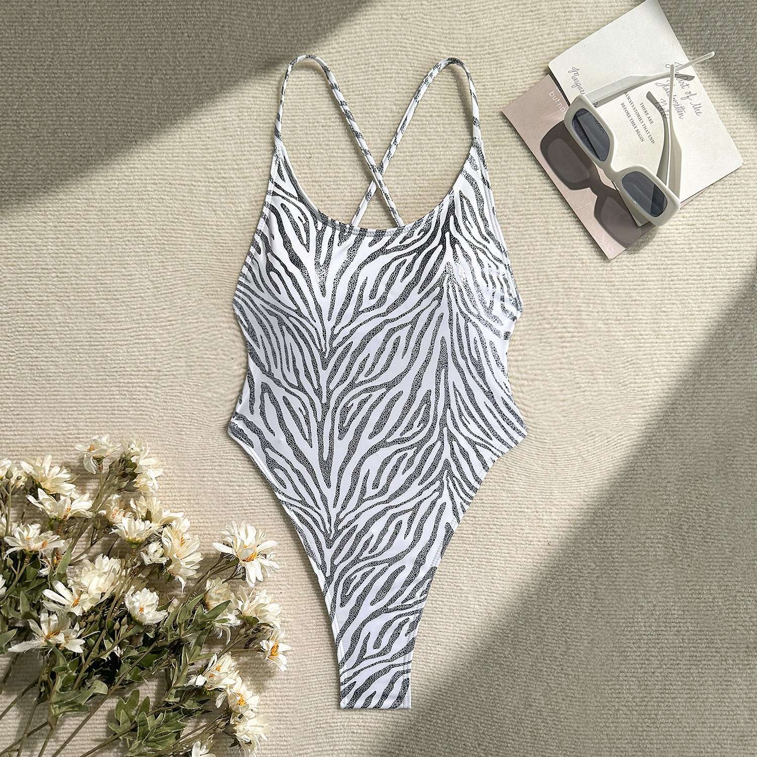 Zebra Print High-Cut One-Piece Swimsuit - M, White image