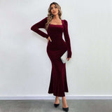 Women Square Neck Bodycon Dress - L, Dark Red image