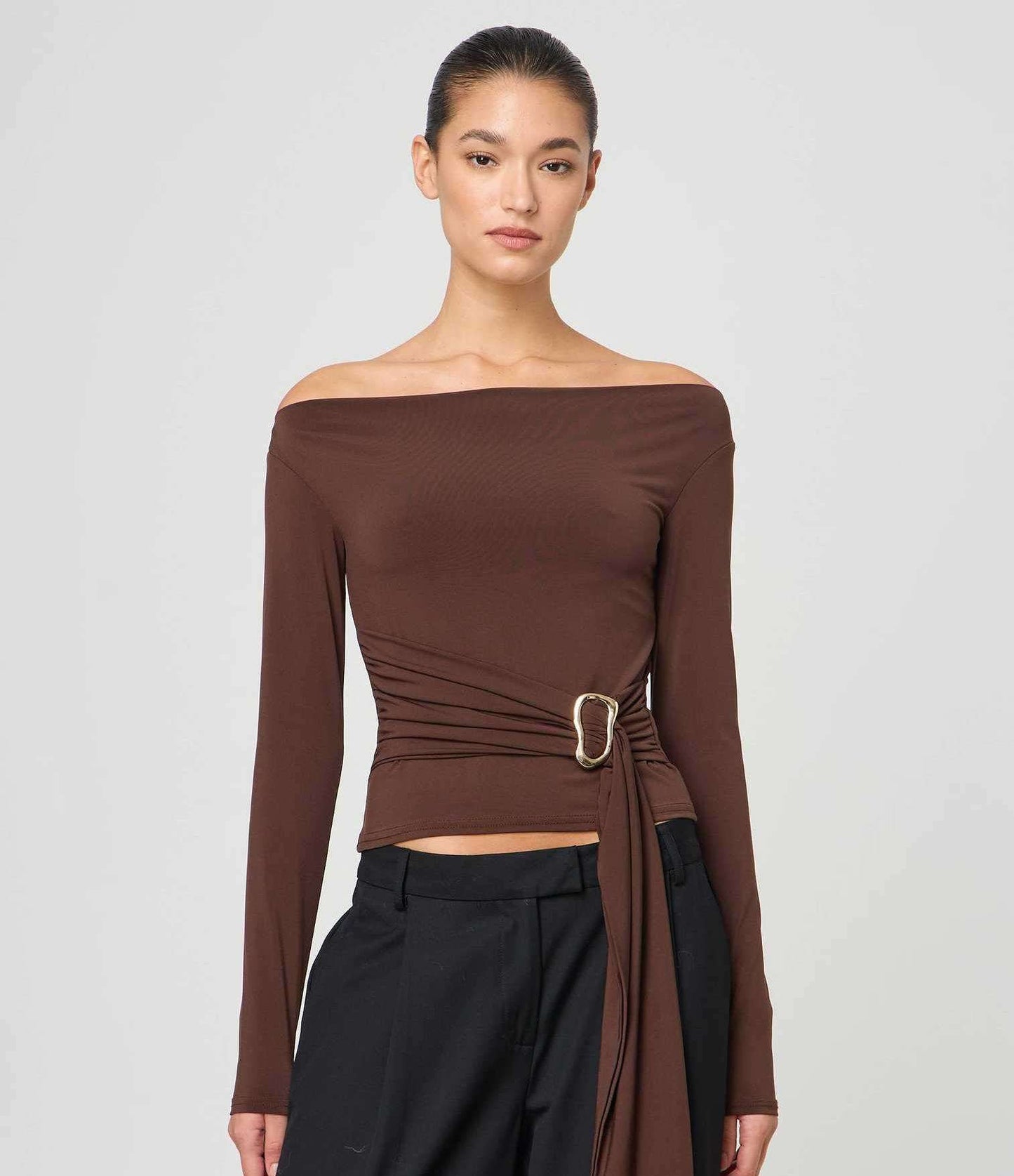 Off-the-Shoulder Top with Side Tie - M, Brown image