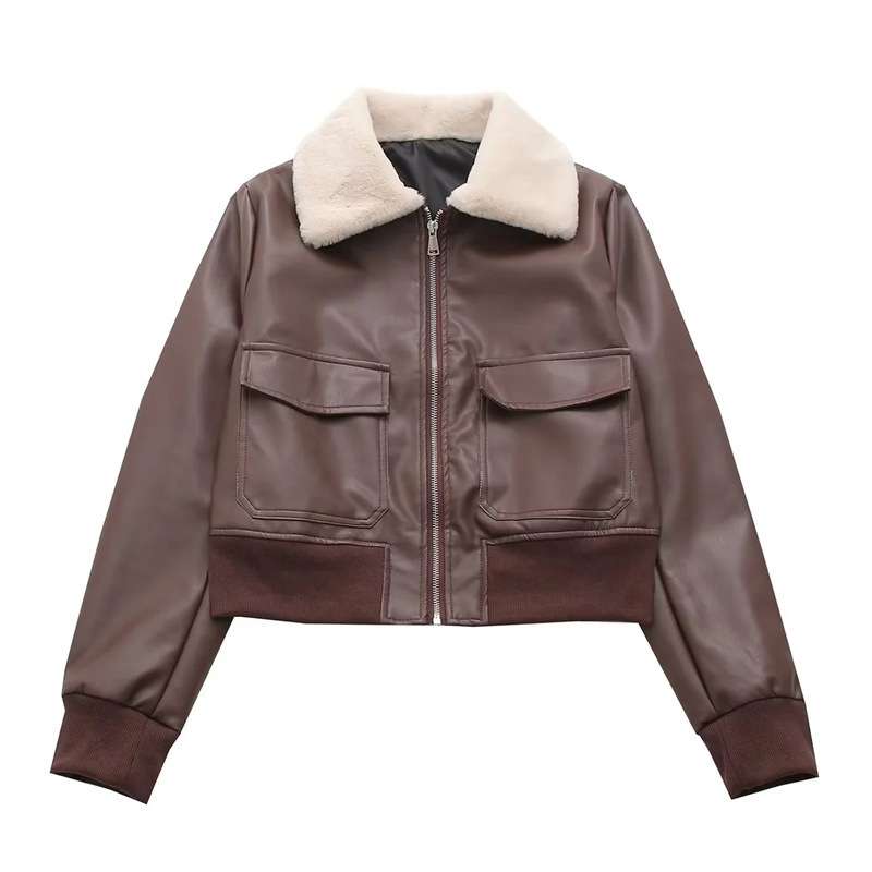 Faux Leather Aviator Jacket - S, Brown image