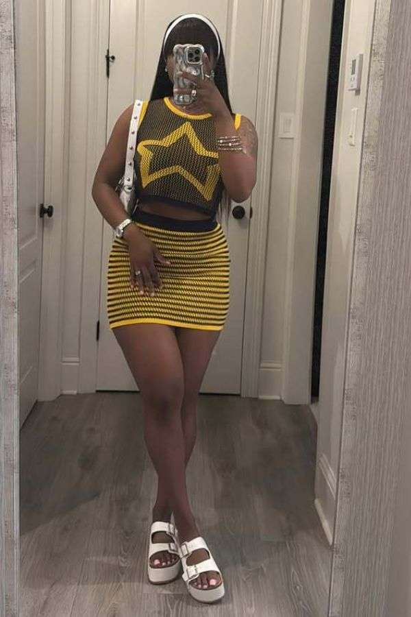 Striped Bodycon Skirt and Mesh Tank Top Set image 1