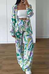 Abstract Pattern Lounge Set with Oversized Shirt & Wide-Leg Pants image 1
