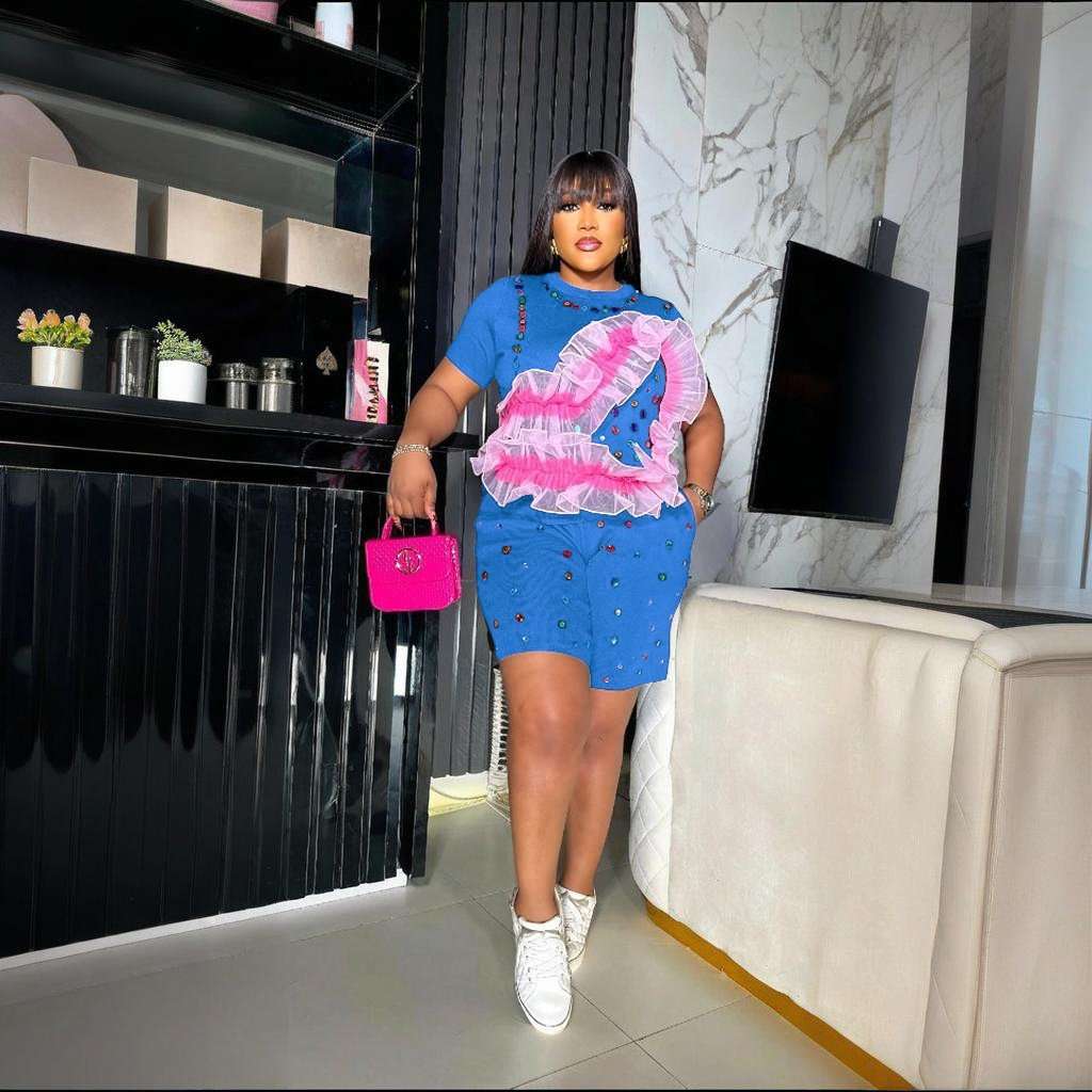 Embellished Shorts Set with Ruffle Detail - L, Blue image