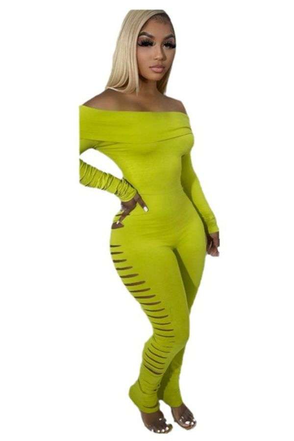 Distressed Off-Shoulder Jumpsuit - S, Pear Green image