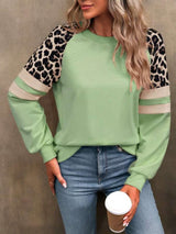 Leopard-Print Sleeve Colorblock Sweatshirt - L, Green image