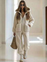 Plush Hooded Jumpsuit with Pockets image 1