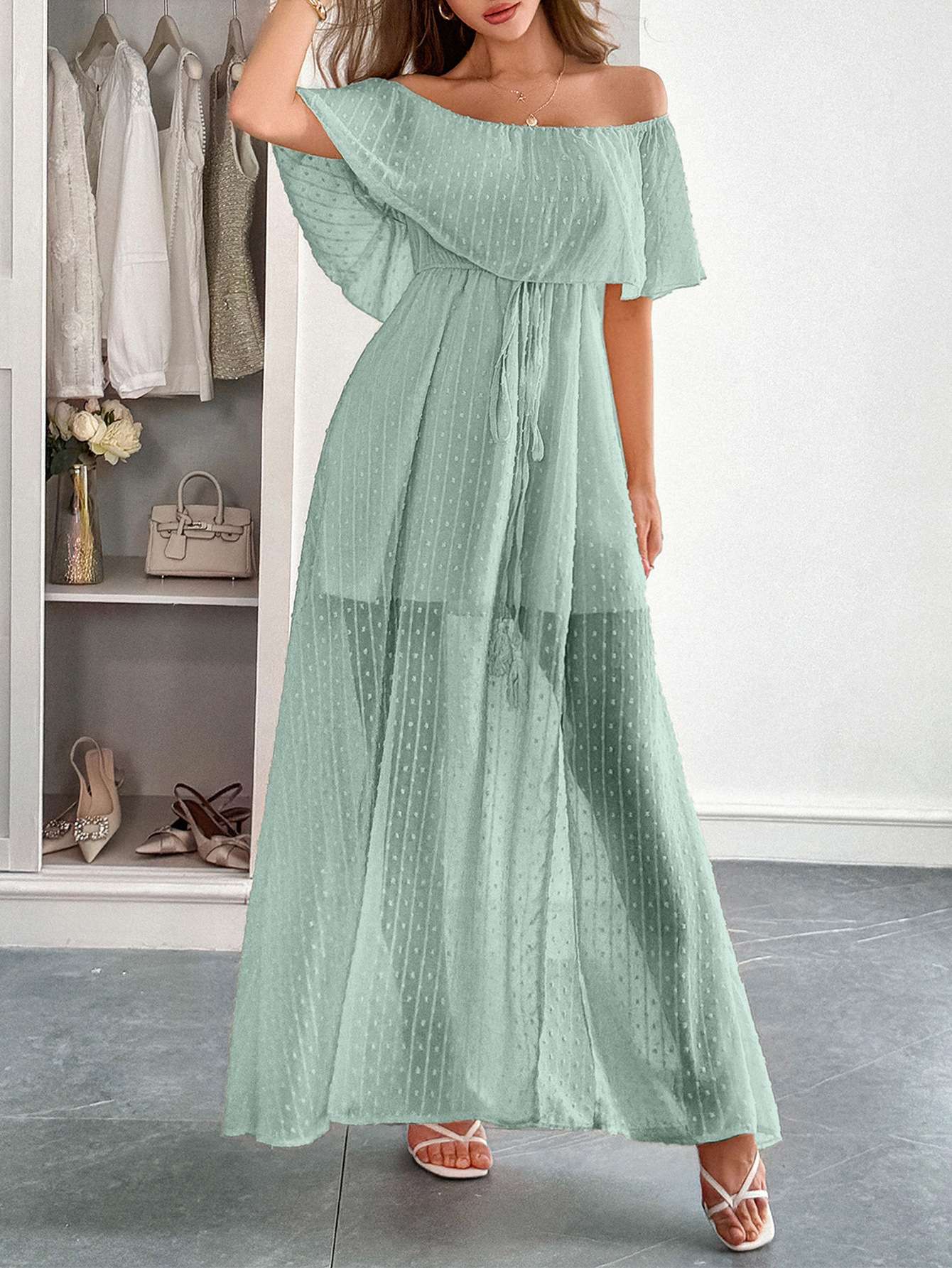 Off-Shoulder Maxi Dress with Textured Detailing - L, Green image