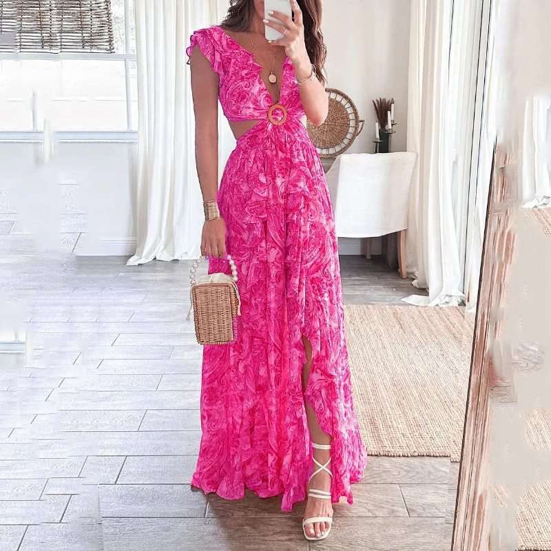 Cut-Out Maxi Dress with Ruffle Details - L, Rose image
