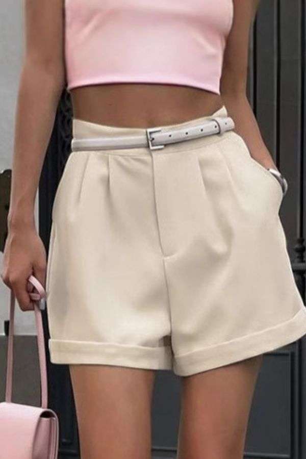 High-Waisted Tailored Shorts - L, Beige image
