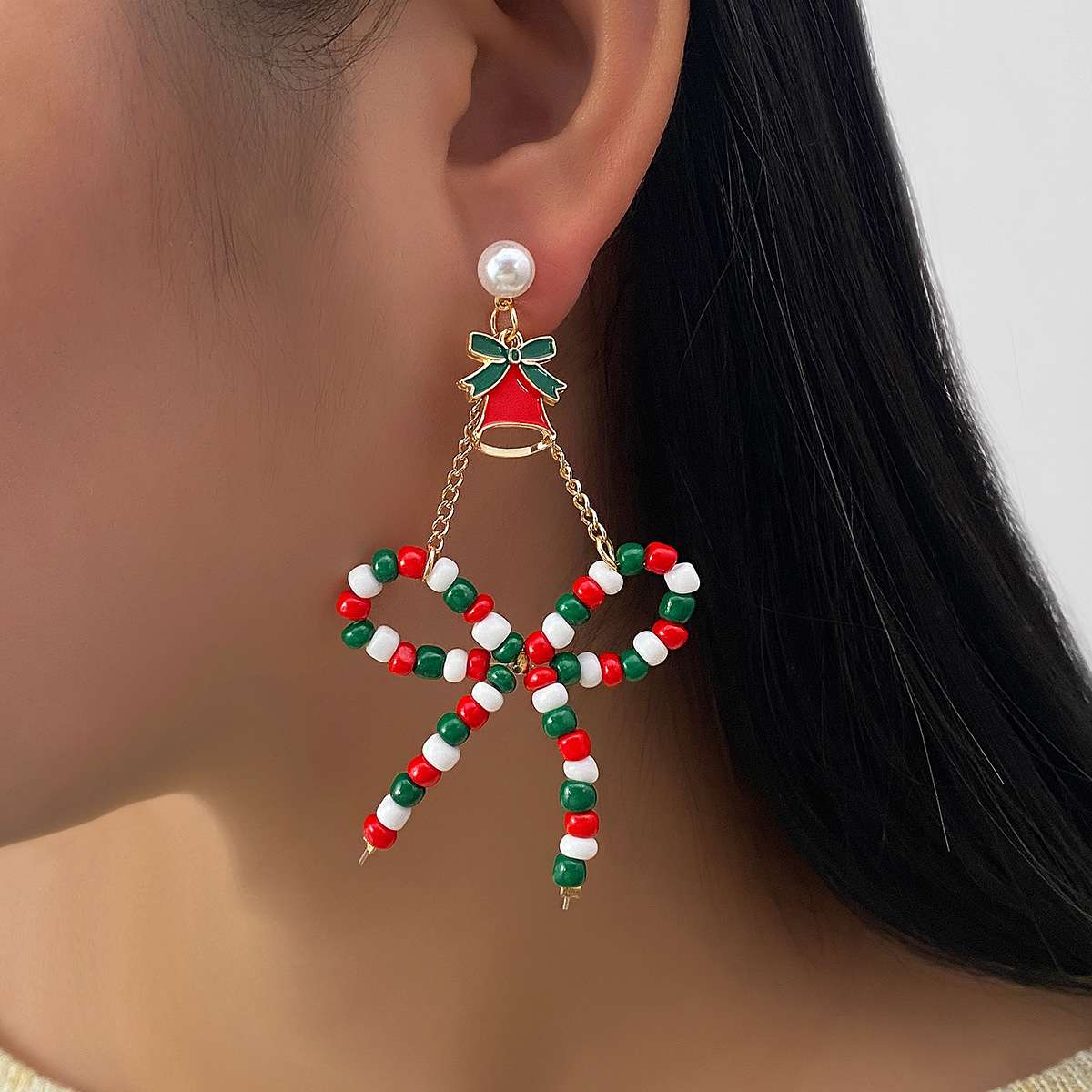 Festive Beaded Bow and Ribbon Earrings - Free Size, Red 3 image