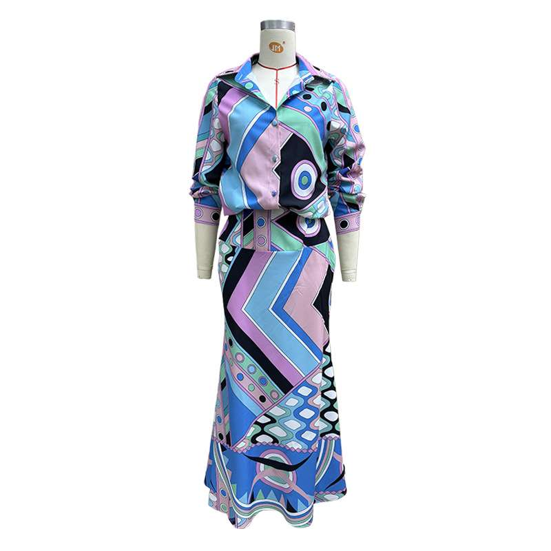 Printed Casual Long-sleeve Shirt and Maxi Skirt Set image 4