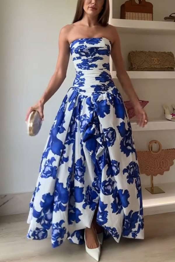 Floral Strapless Ball Gown - L, Blue image