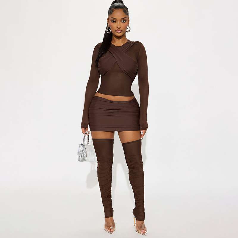 Long Sleeve Top & Ruched Mini Skirt Set - M, Brown image