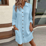 Button-Front Tunic Dress with Pockets - L, Blue image