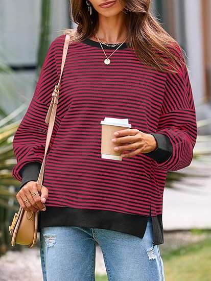 Casual Striped Oversized Sweatshirt - M, Red image