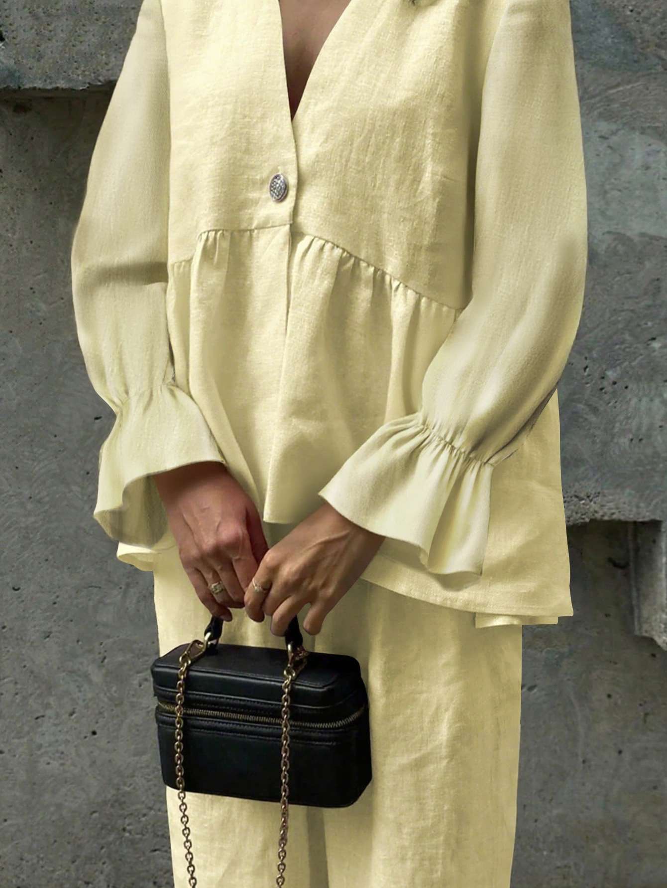 V-Neck Blouse with Flared Sleeves & Pants Set image 1